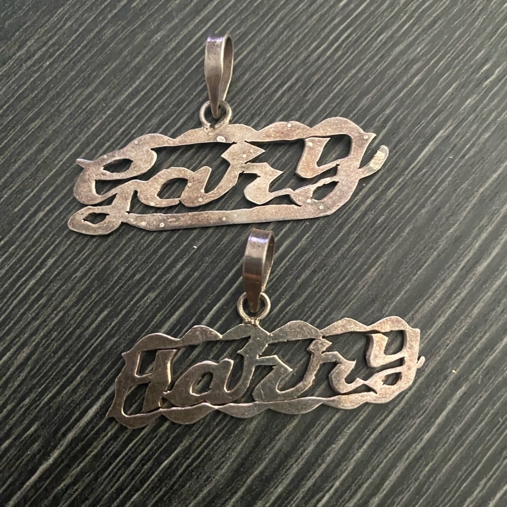'Gary and Harry Script Pendant Necklace Charm may be sterling- Silver Tone